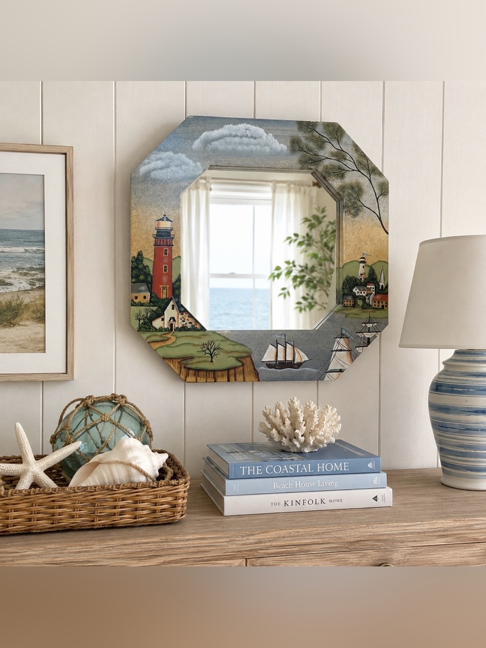 Coastal Lighthouse Hand Painted Mirror Beach House Cottage Wall Decor 18x18